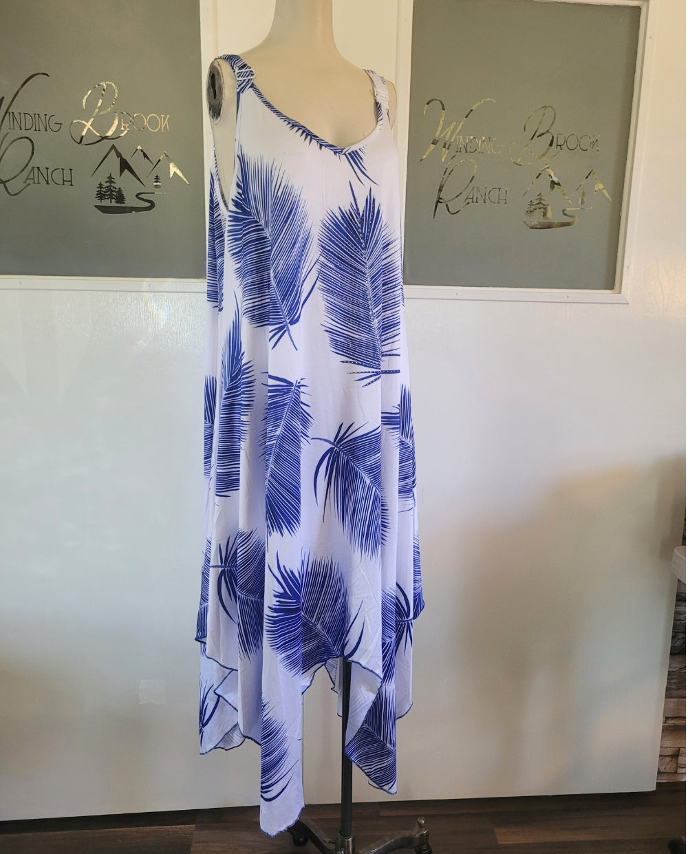 Blue Feather Dress with Handkerchief Hem