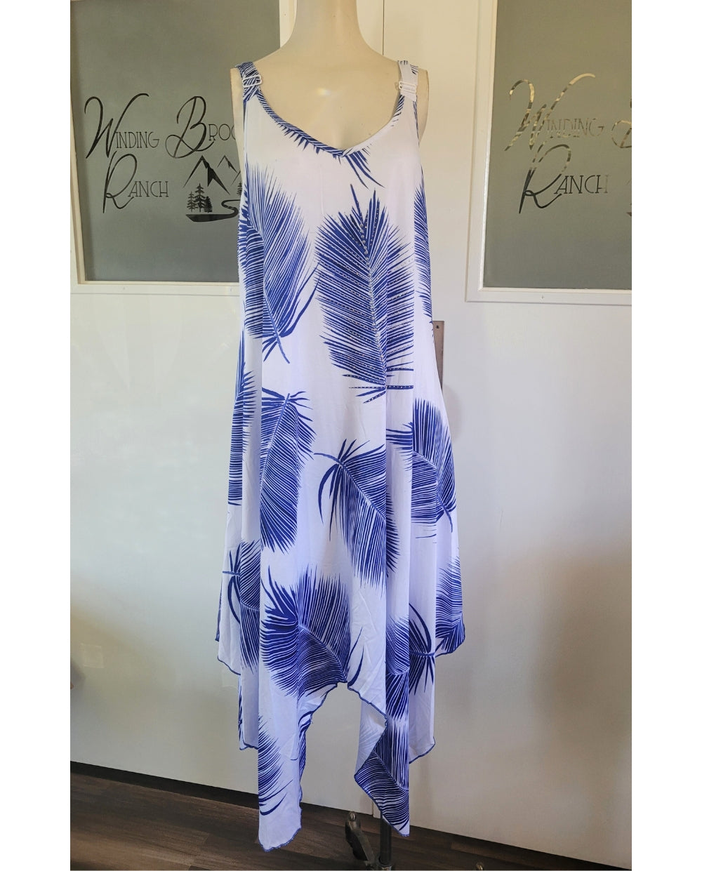 Blue Feather Dress with Handkerchief Hem
