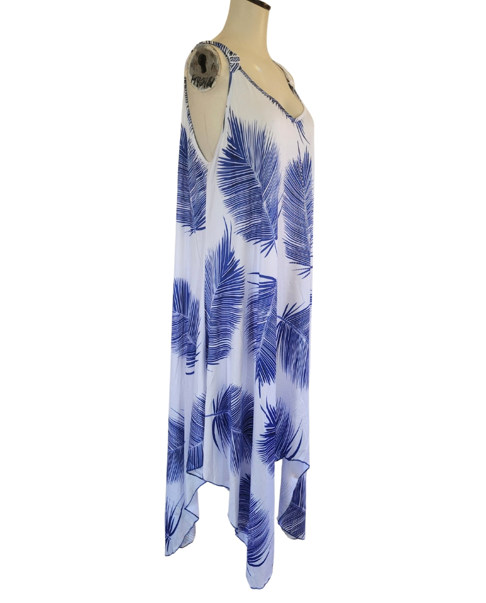 Blue Feather Dress with Handkerchief Hem