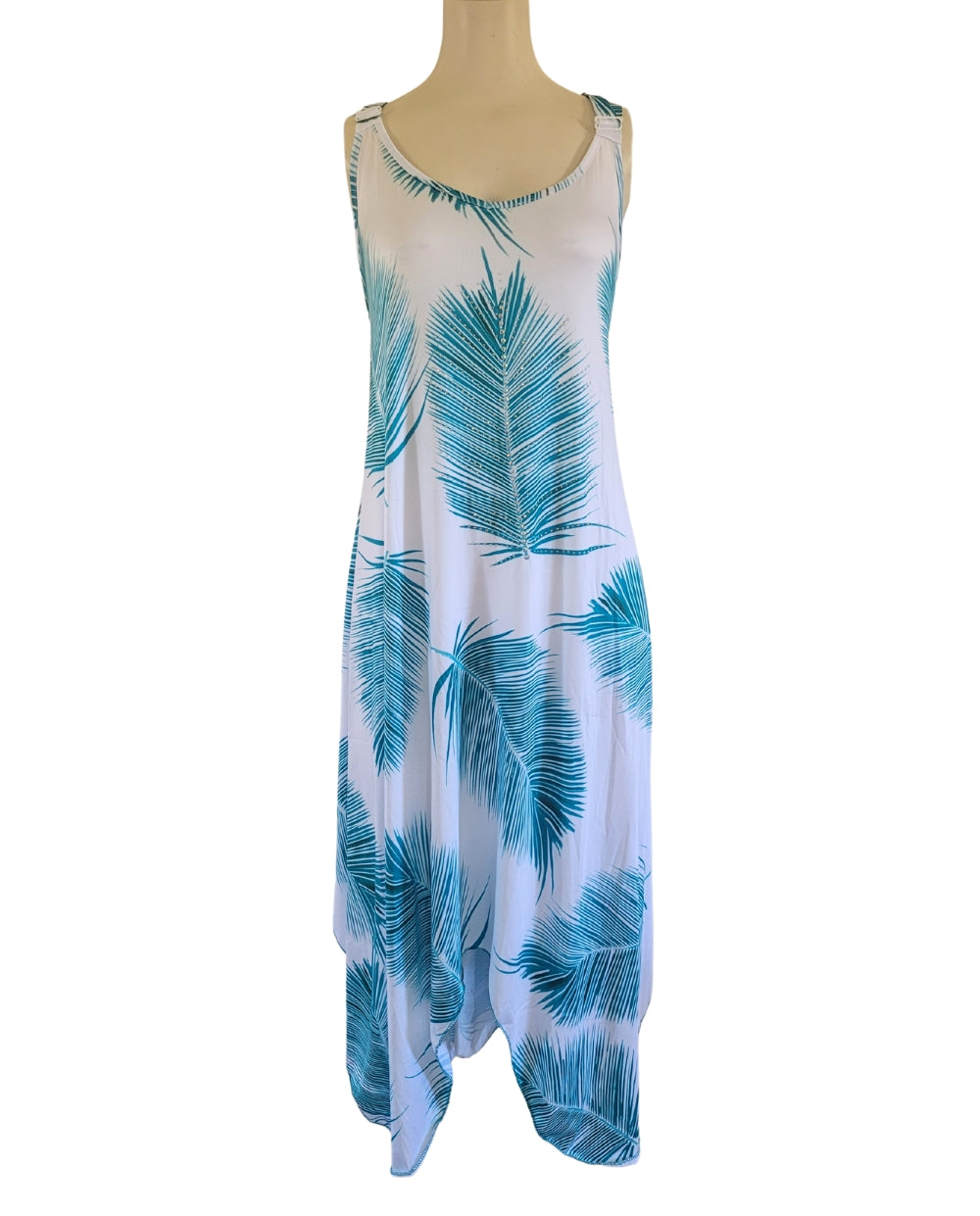 Teal Feather Dress with Handkerchief Hem