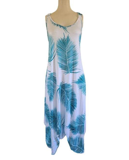 Teal Feather Dress with Handkerchief Hem