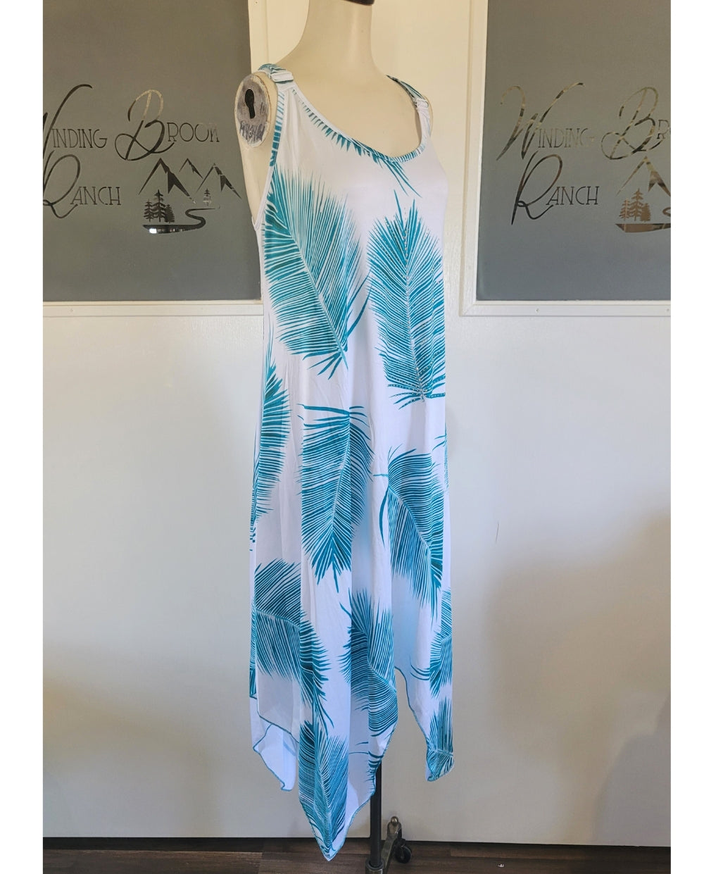 Teal Feather Dress with Handkerchief Hem