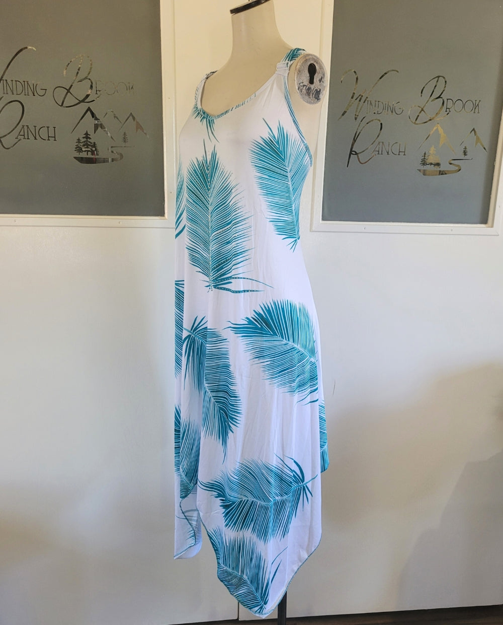 Teal Feather Dress with Handkerchief Hem