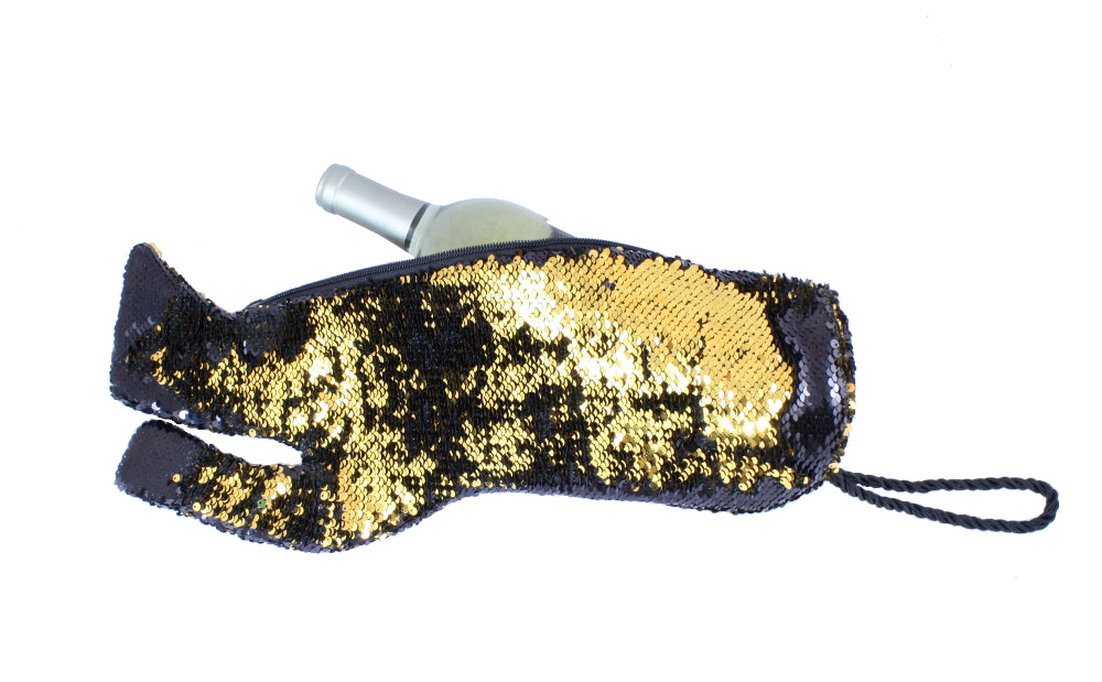 Stiletto Wine Bag in Black and Gold Reversible Mermaid Sequin Fabric