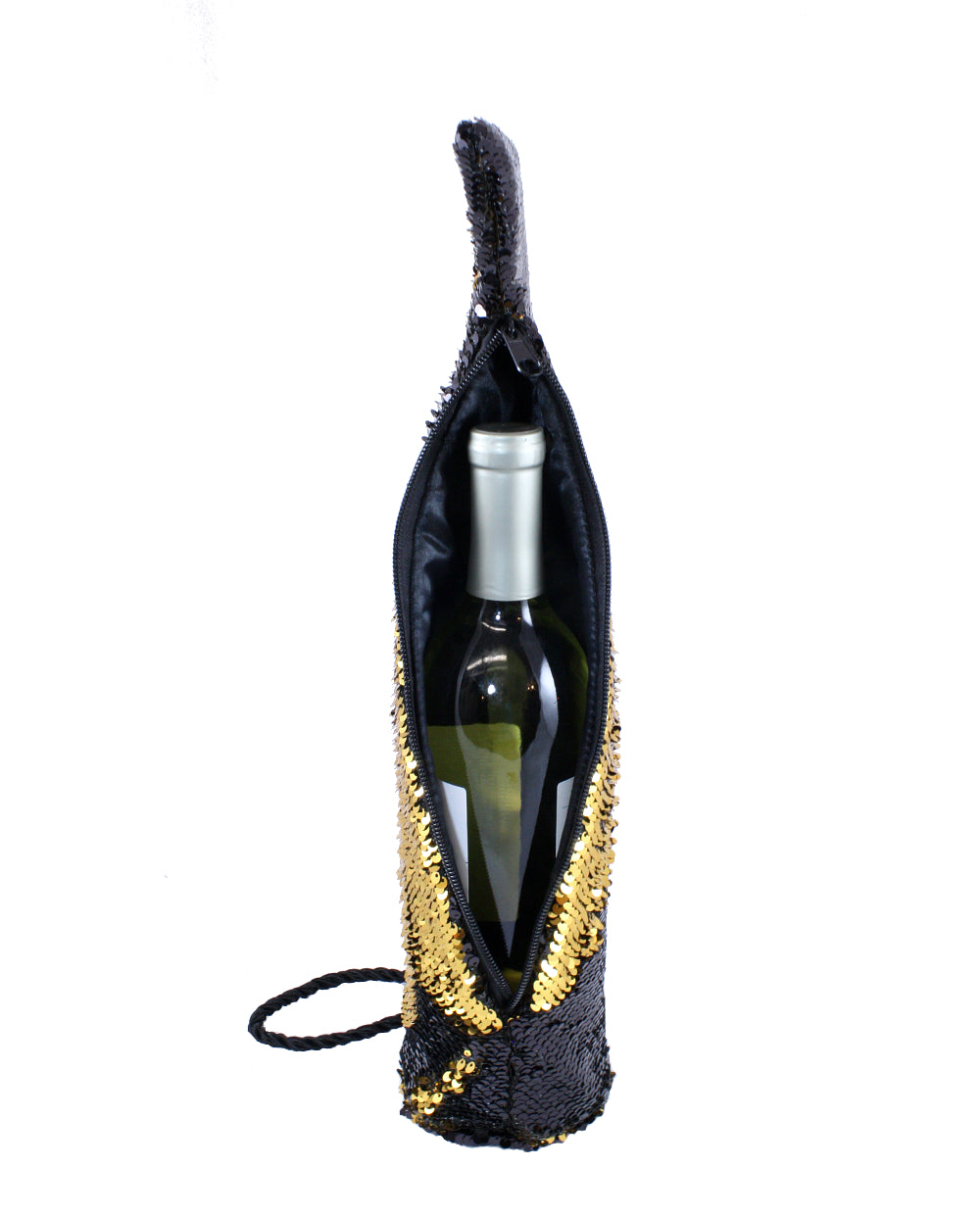 Stiletto Wine Bag in Black and Gold Reversible Mermaid Sequin Fabric
