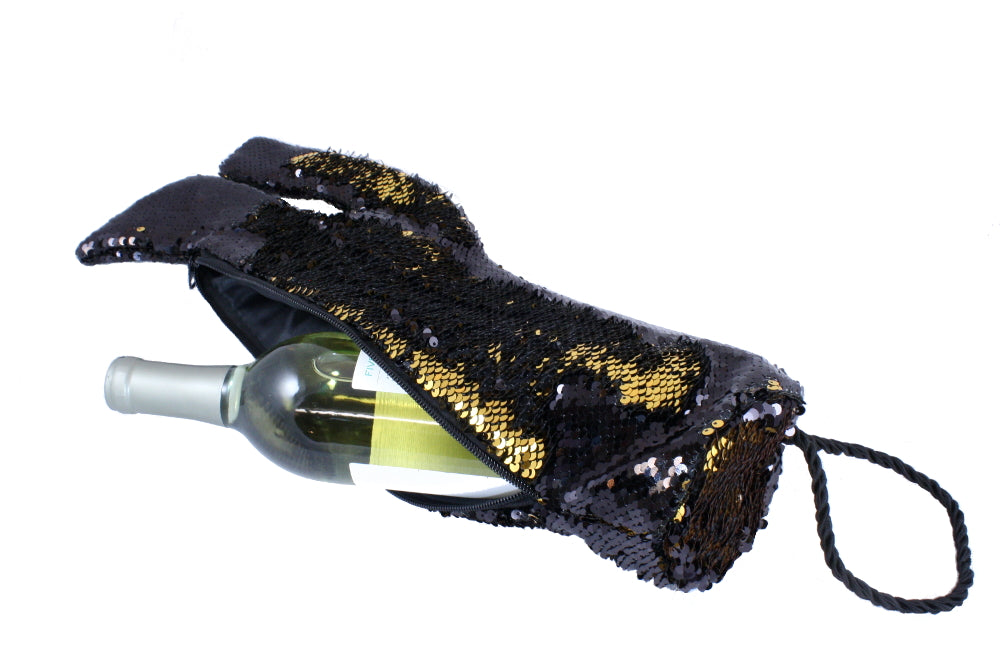 Stiletto Wine Bag in Black and Gold Reversible Mermaid Sequin Fabric