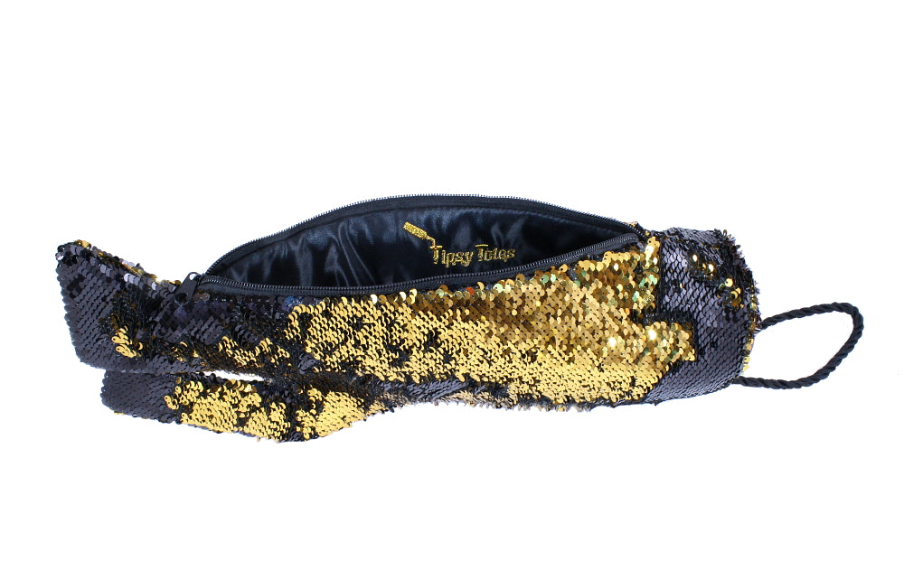 Stiletto Wine Bag in Black and Gold Reversible Mermaid Sequin Fabric