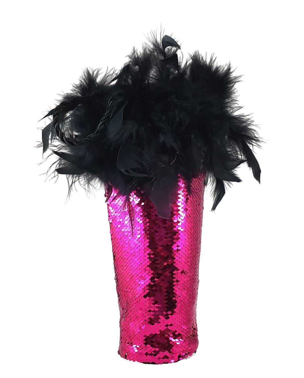 Diva Wine Bag with Hot Pink and Silver Reversible Mermaid Sequin Fabric and Feather Trim - Tipsy Totes | Wine Gifts | Beer Koozies | Wine Totes | Simply Fabulous