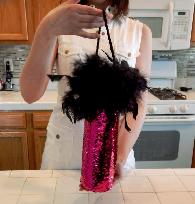Diva Wine Bag with Hot Pink and Silver Reversible Mermaid Sequin Fabric and Feather Trim - Tipsy Totes | Wine Gifts | Beer Koozies | Wine Totes | Simply Fabulous