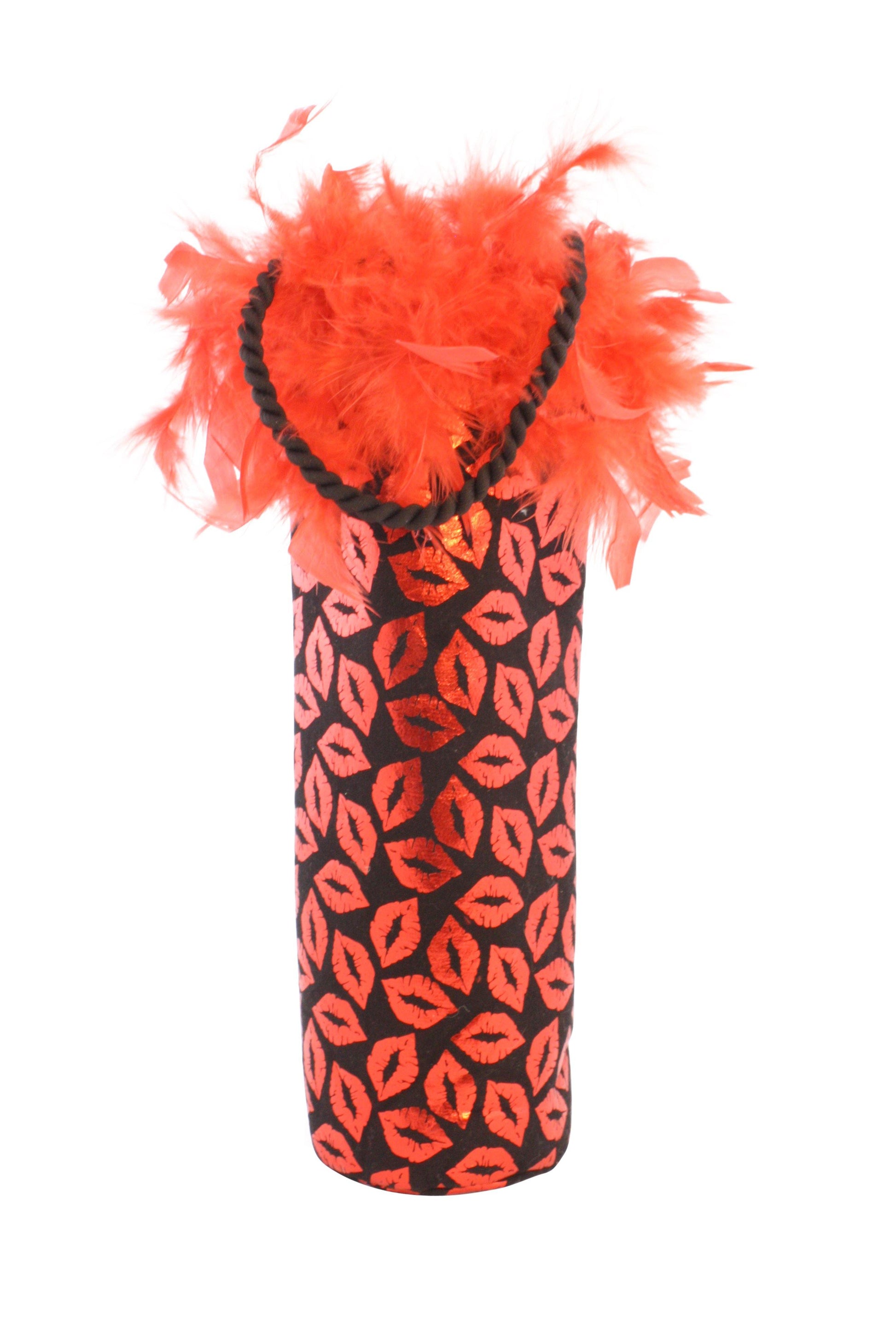 Diva Wine Bag with Red Metallic Lips and Feather Trim - Tipsy Totes | Wine Gifts | Beer Koozies | Wine Totes | Simply Fabulous