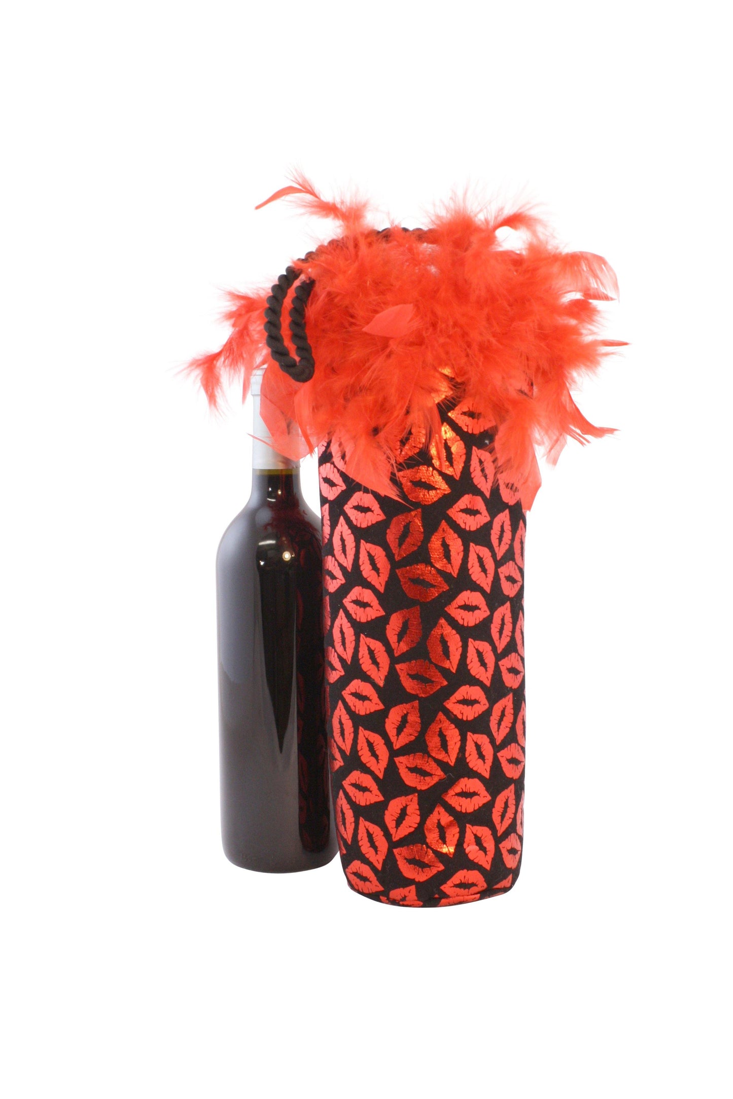 Diva Wine Bag with Red Metallic Lips and Feather Trim - Tipsy Totes | Wine Gifts | Beer Koozies | Wine Totes | Simply Fabulous